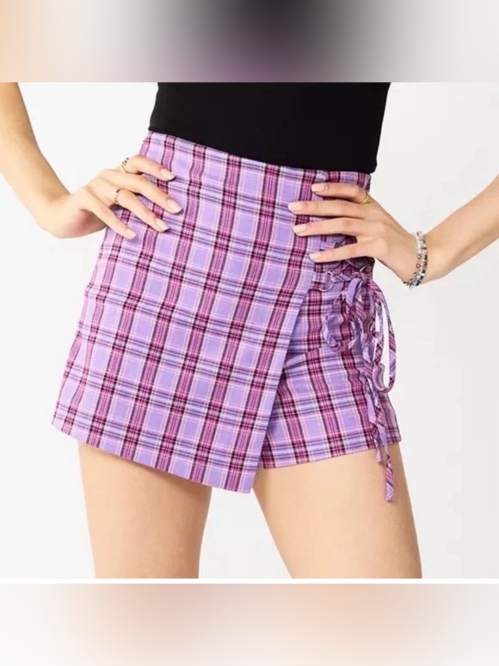 SO Purple Plaid Wrap Skort with Side Lace-Up